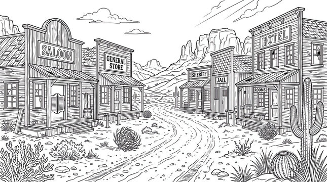 Wild West Ghost Town Landscape Thin Line Vector Art