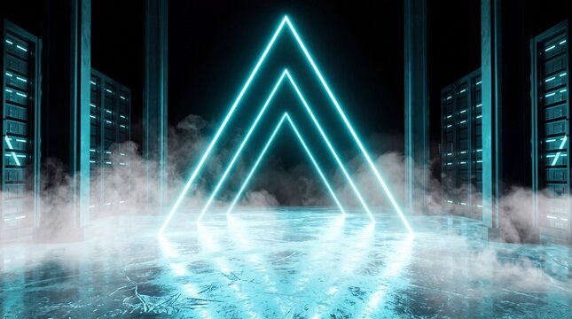 Cyan neon glowing triangle frames in data server room with smoke and icy floor for tech background.
