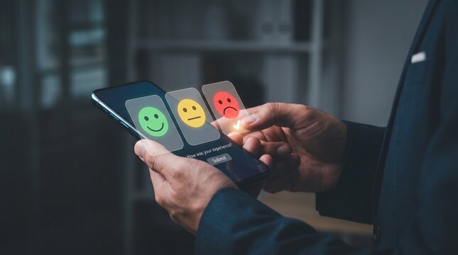 A close up of a person using a smartphone to provide customer service feedback with green yellow and red emojis