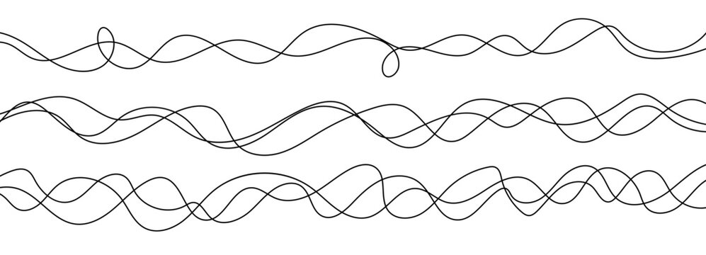 Squiggle wavy continuous line loop cable with a thin curve and curvy long set for banner backgrounds through random design. Hand drawn wire chaotic yet simple organic vector icon ornament.