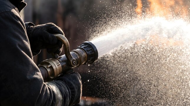 Firefighter Hose Nozzle Spraying Powerful Water Stream