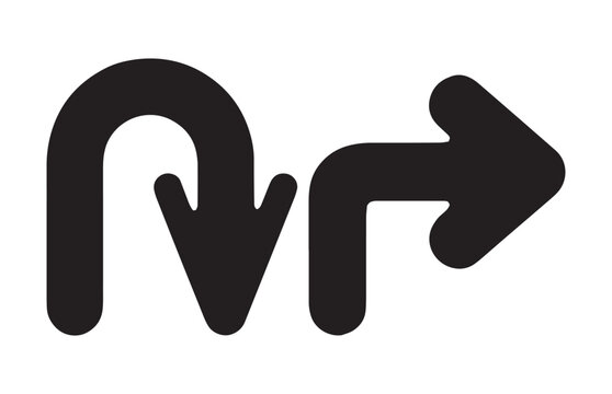 Road arrow signs with black color indicate u-turn and turn right direction for driving information.
