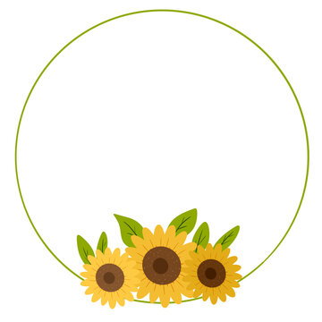 Minimalist Sunflower Circle Frame with Yellow Flowers and Green Leaves Isolated on Black Background
