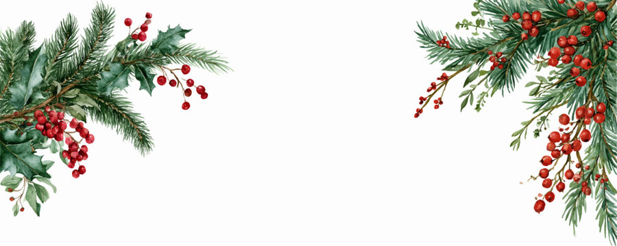 Watercolor christmas frame featuring pine branches, holly leaves, and red berries, creating a decorative border for festive holiday designs and winter greetings