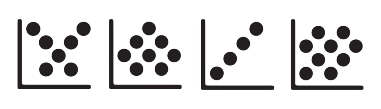 Minimalist black scatter plot icons showing various data distribution patterns for presentations.