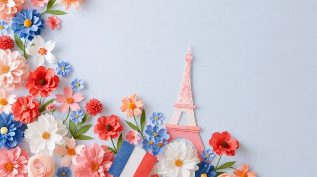 French themed paper craft composition with Eiffel Tower, tricolor flag and colorful flowers on a light blue background with copy space
