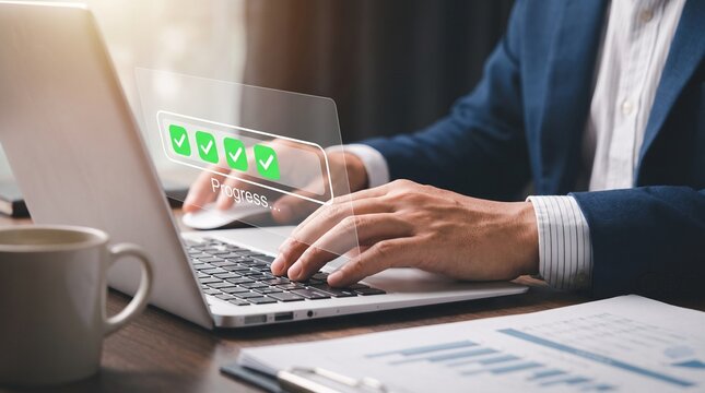 Business colleagues working together on a laptop computer sealing the agreement with a firm handshake representing a successful business partnership