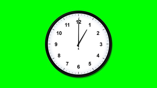 Fast spinning analog wall clock timelapse animation with moving hands isolated on green screen chroma key background