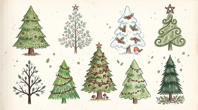 Set of cute Christmas tree doodle handdrawn. elements of nature