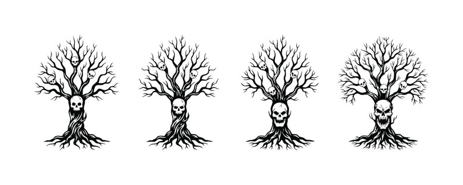 Set of four spooky dead trees with skulls in black and white