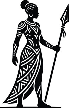 Black silhouette of an african woman warrior holding a tribal spear with traditional patterns on her body and dress