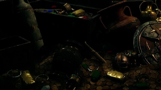 A treasure chest is open and filled with coins, gold items, and colored gems. Several artifacts and a shield are scattered on the dark surface around the chest.