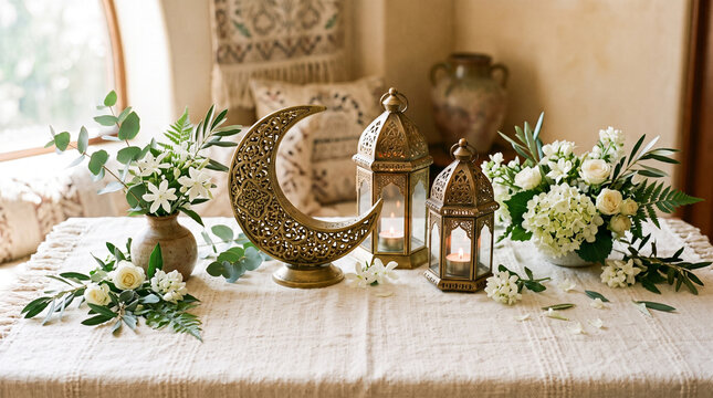 eid milad un nabi festive table setting with crescent moon and lanterns