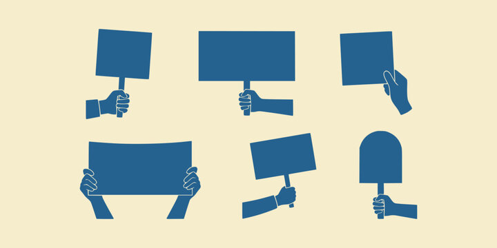 Set of human hands holding blank signs isolated on beige background