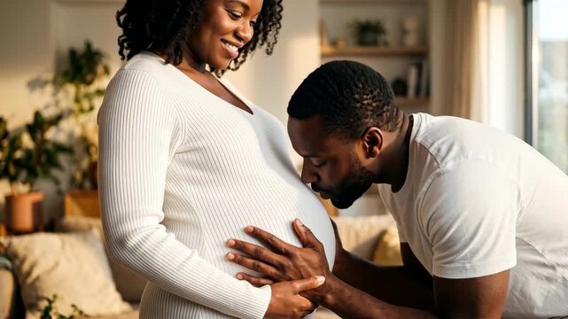 Close-up of a loving Black man affectionately kissing the large round pregnant belly of his partner. Happy pregnancy and family bonding concept