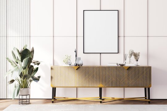 Luxury classic living room interior with blank gallery wall frames mockup, elegant molding details and stylish modern decor.