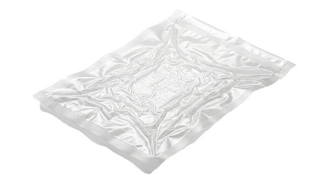 Vacuum sealed plastic pouch mockup. Foil packaging bag with wrinkles isolated on transparent background