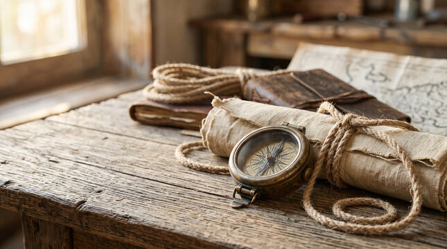 vintage brass compass on wooden surface with old map and rope