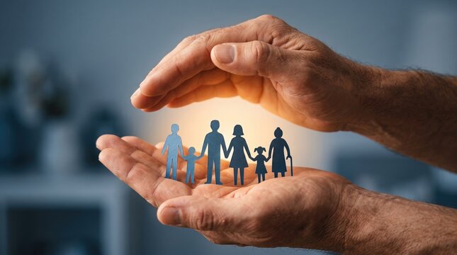 hands protecting paper family figures with parents, children and elderly relatives, concept of family insurance and support