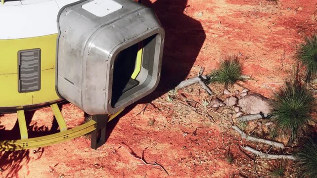A spacecraft sits on the surface of red terrain. Nearby, there are some green plants and scattered rocks. The scene suggests a location on another planet or moon during daylight.