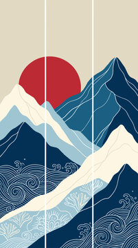 Japanese Style Mountain and Ocean Landscape Triptych