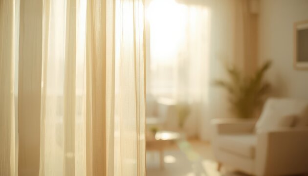 Soft sunlight shining through sheer curtains in a cozy living room