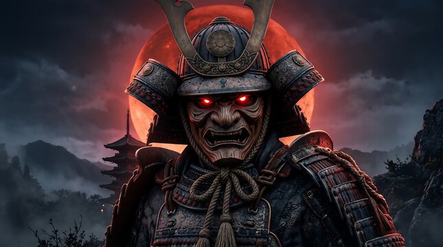 Samurai warrior wearing a traditional oni mask and ornate armor standing before a red moon