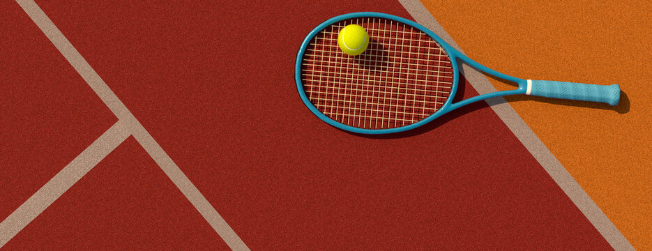 Tennis racket and ball resting on a clay court with white lines