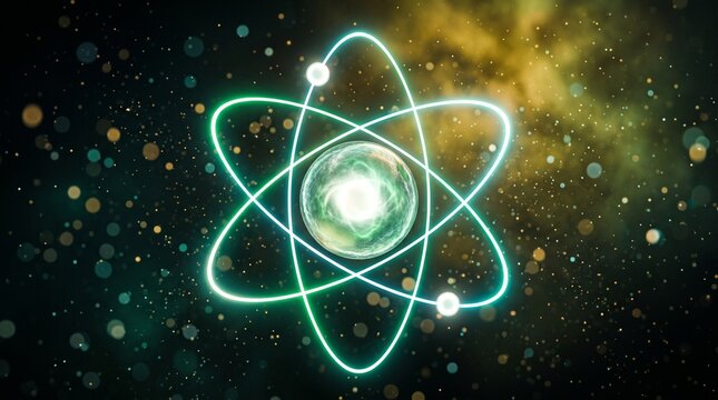 Glowing neon atom model floating in space representing nuclear physics with particle chemistry scientific research structure molecule education discovery laboratory