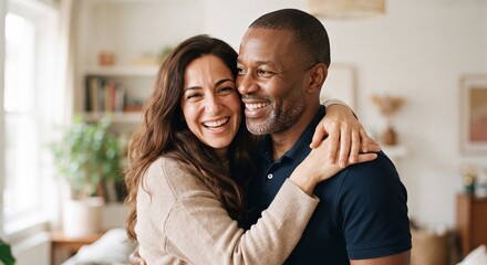 Obraz premium Warm candid moment of a smiling couple sharing an affectionate embrace in a bright, minimalist home interior.