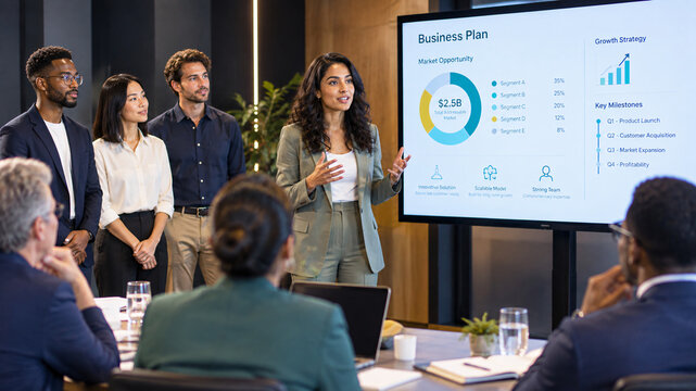 Female founder pitching startup to diverse investor panel