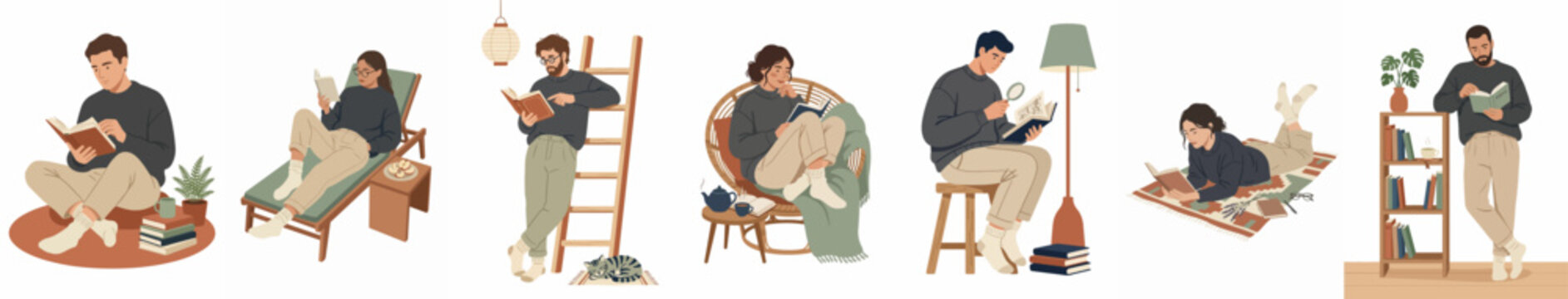 Set of People Reading Books in Cozy Home Interiors. Flat Vector Illustrations of Men and Women Enjoying Literature in Comfortable Poses with Home Decor, Plants, and Lamps on White Background.