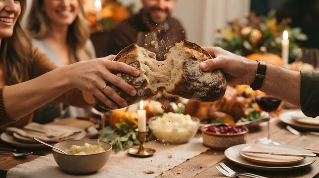 Hands breaking fresh crusty bread at a thanksgiving dinner table with family in a warm, festive home environment