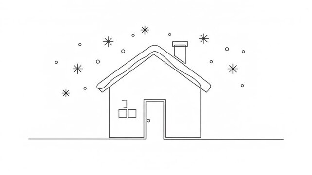 Continuous line of a cozy winter house with falling snowflakes, minimalist hand-drawn animation for holiday greeting cards