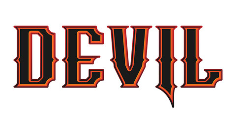 Western style devil word typography with orange and red outline isolated on white background © Ndoewer