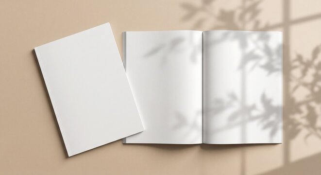 Top view of blank white matte A4 magazine mockup with open spread and closed cover on beige background with soft plant shadows.