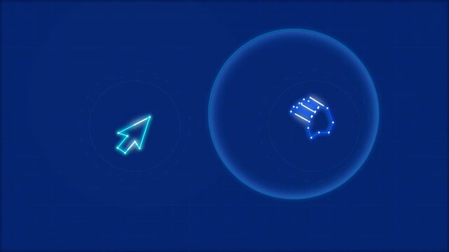 Digital computer mouse pointer and hand gesture icon glowing on blue background hand cursor glowing 4K video