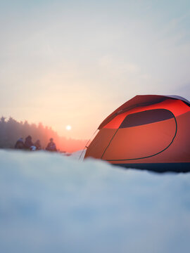 Orange tent pitched in snowy landscape at sunrise with people in background