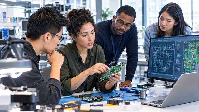 Female hardware engineer reviewing circuit design with team