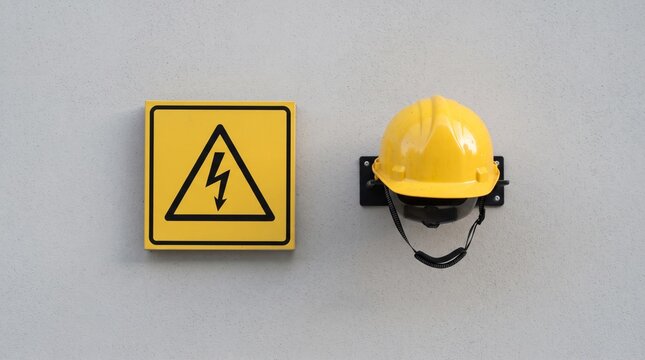 Yellow safety construction helmet hanging next to a high voltage warning sign with hard hat construction electrical industrial equipment electricity protection
