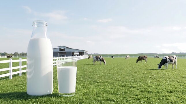 Fresh milk bottle and glass on green farm pasture with grazing dairy cows