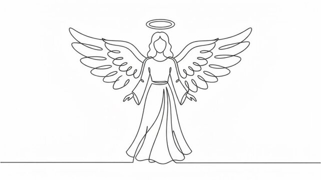 Continuous line of an angel with spreading wings, minimalist religious animation, spiritual concept for christmas and easter