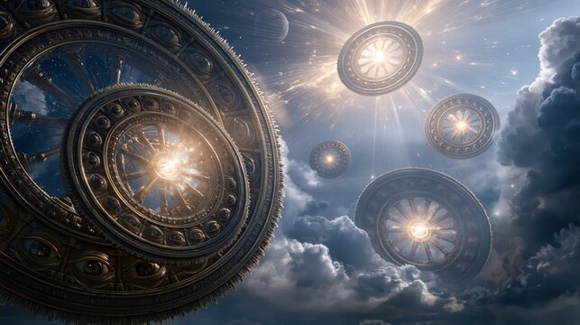 Radiant celestial wheels within wheels covered with eyes in Ezekiel's supernatural vision of divine authority.