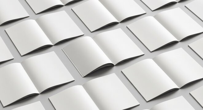 High-angle view of blank open white brochure mockups in a repeating diagonal pattern on a light gray background.