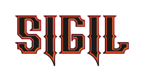 Western style sigil word typography with orange and red outline isolated on white background © Ndoewer