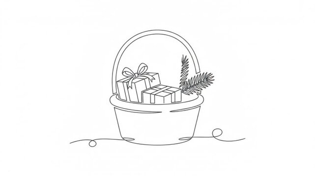 Continuous line of christmas gift basket with presents and pine branches animation single line holiday
