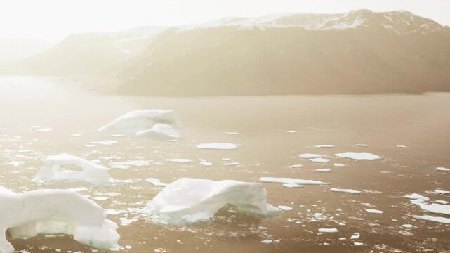 Large icebergs drift in the Arctic ocean near a rocky shore at sunrise. The sun casts a soft light, creating a unique landscape of ice and water.