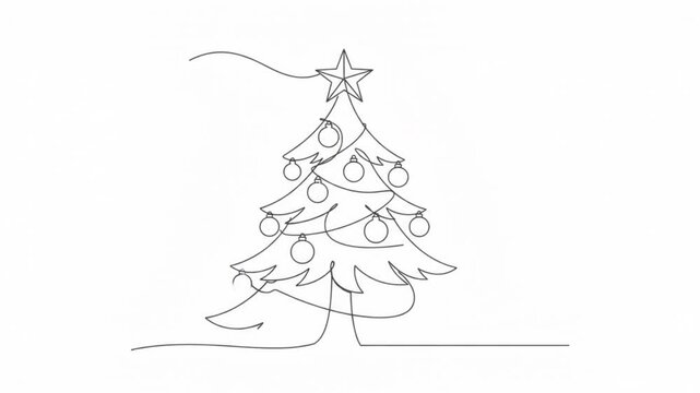 Continuous line of christmas tree with ornaments and star animation single line minimalist holiday