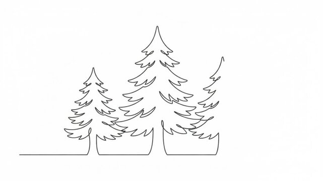 Continuous line of pine forest, minimalist evergreen trees animation, hand-drawn style nature for creative projects