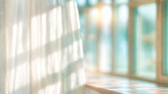 Soft Natural Sunlight Filtering Through White Sheer Curtains onto Wooden Windowsill for Minimalist Dreamy Interior Concept